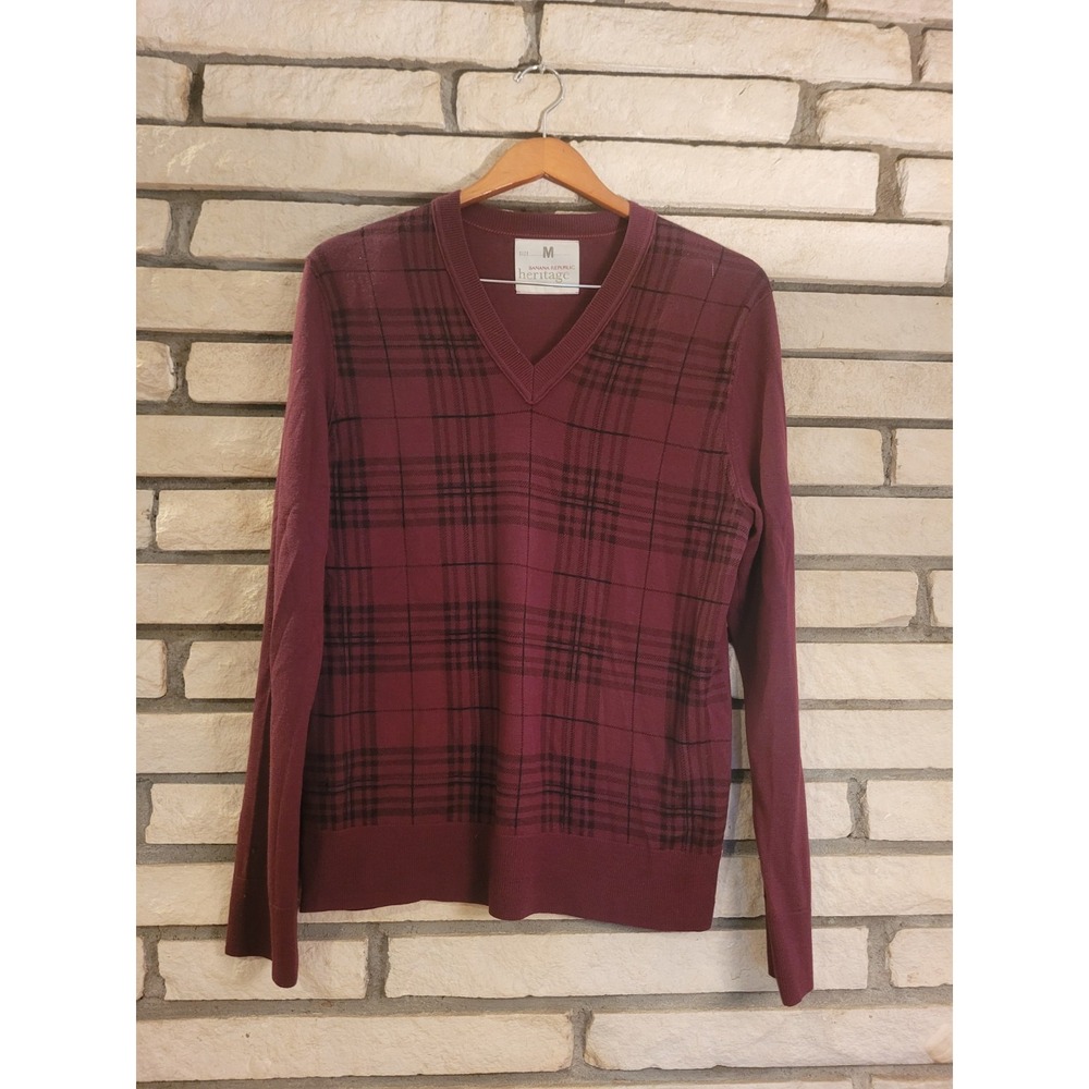 banana republic heritage edition sweater Size M Maroon Plaid 100% Wool